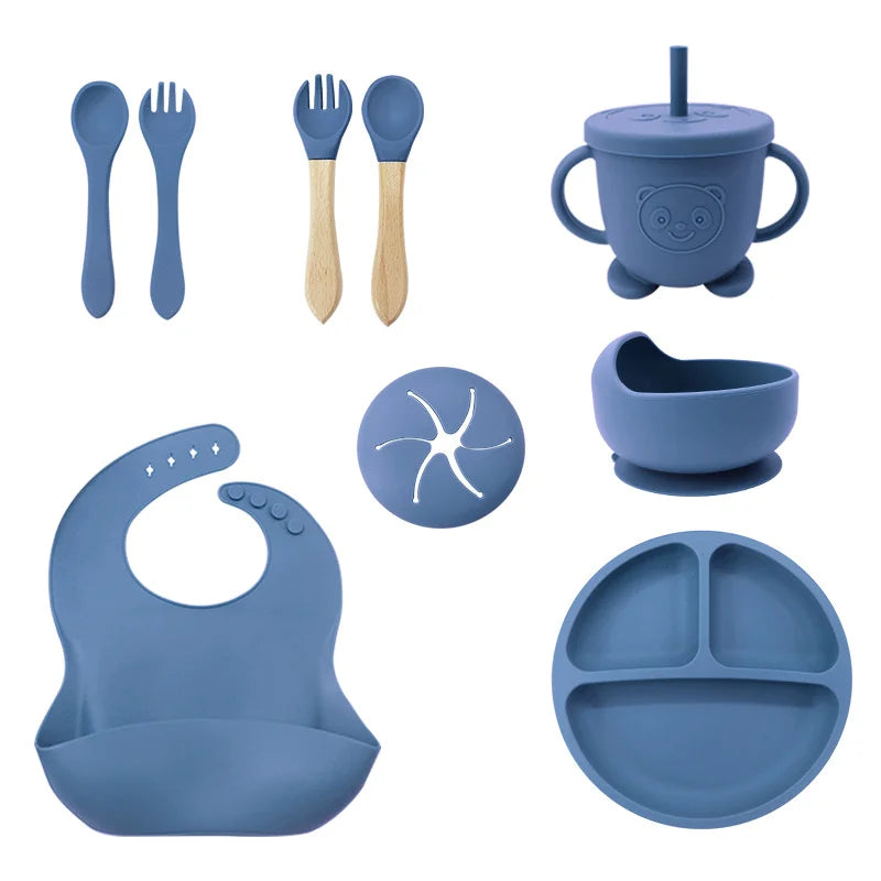 Blue 9-Piece Silicone Bibs and Children's Feeding Set