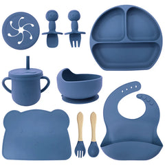 Blue 10-Piece Silicone Bibs and Bowl Set