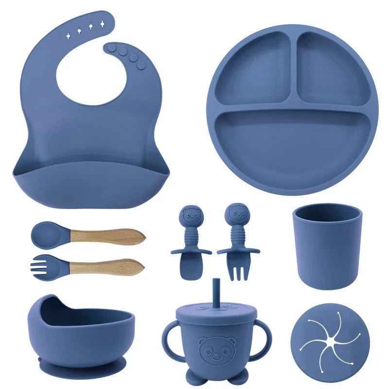 Blue 10-piece silicone bibs and feeding set for infants