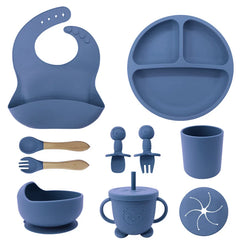 Blue 10-piece silicone bibs and feeding set for infants