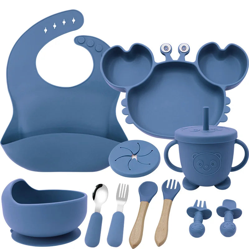 Blue 11-Piece Crab Silicone Bibs and Infant Feeding Set