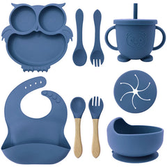 Blue 9-piece silicone bibs and self-feeding set