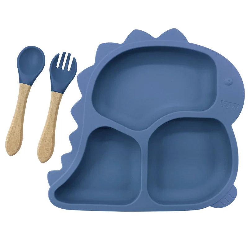 3 piece Blue Dino Silicone Feeding Set