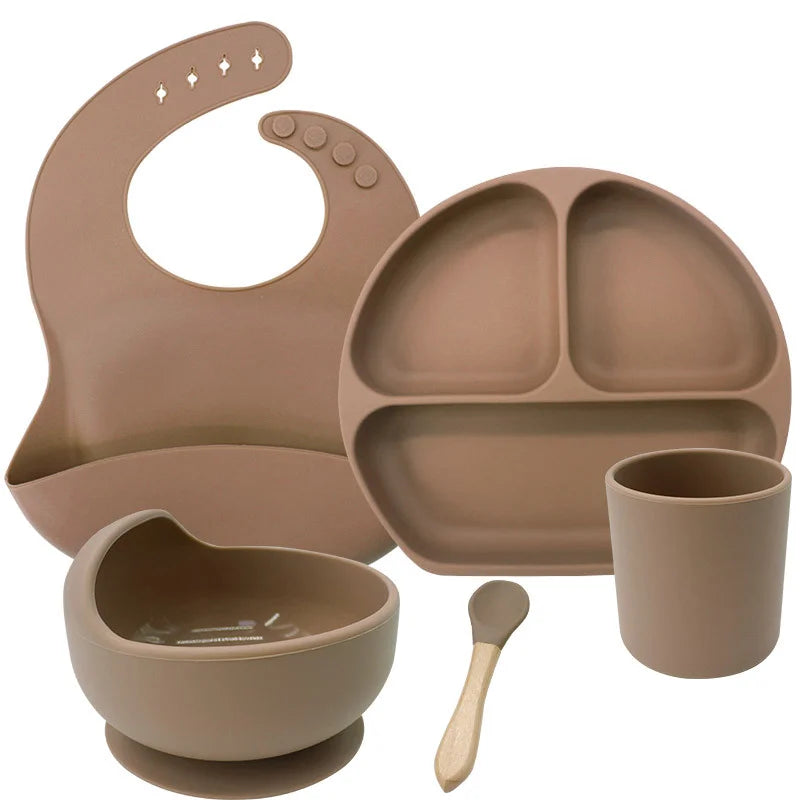 Brown 5-piece silicone bibs and feeding set