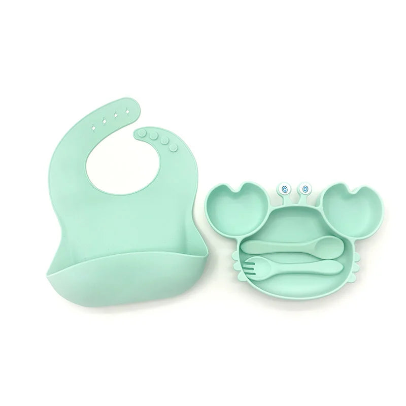 4-Piece Set With Silicone Spoon and Fork cyan Crab Shaped Silicone Bib and Infant Dinner Set