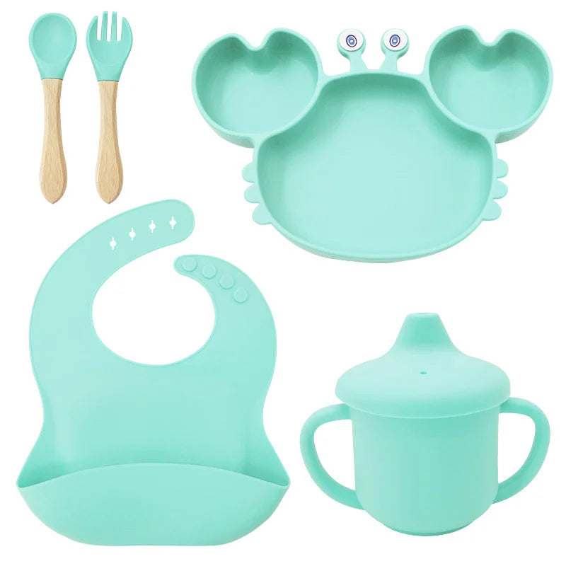 5-Piece Set With Wooden Spoon and Fork cyan Crab Shaped Silicone Bib and Infant Dinner Set