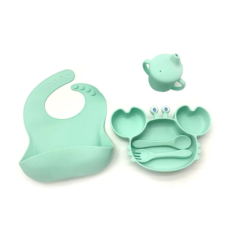 5-Piece Set With Silicone Spoon and Fork cyan Crab Shaped Silicone Bib and Infant Dinner Set