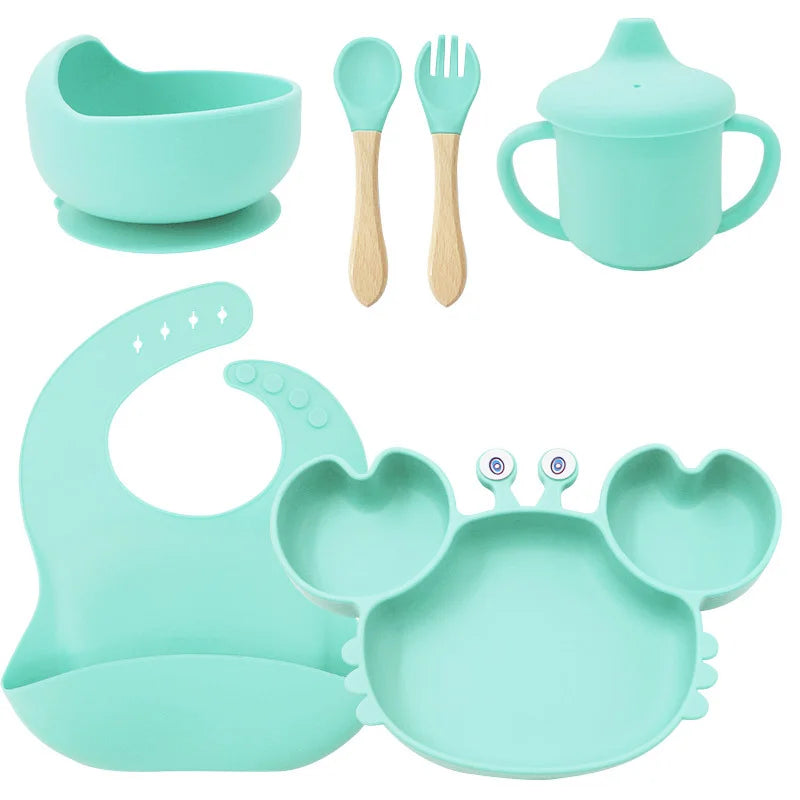 6-Piece Set With Wooden Spoon and Fork cyan Crab Shaped Silicone Bib and Infant Dinner Set