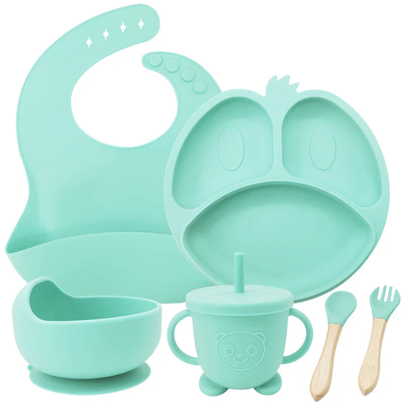 cyan 9-piece silicone bibs and baby feeding set