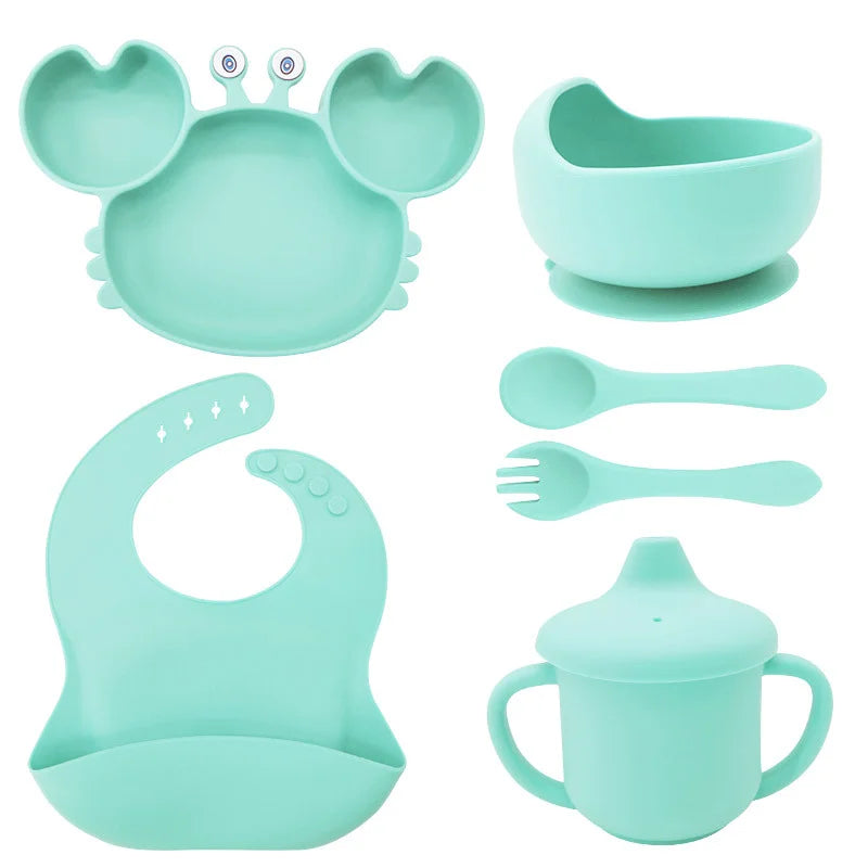 6-Piece Set With Silicone Spoon and Fork cyan Crab Shaped Silicone Bib and Infant Dinner Set