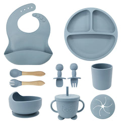 Light Blue 10-piece silicone bibs and feeding set for infants