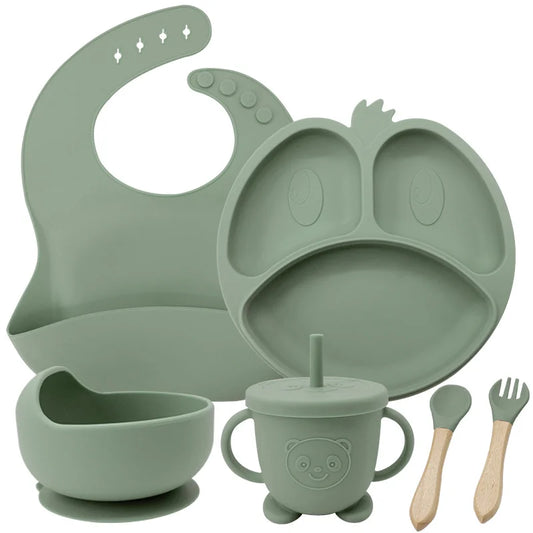 Green 9-piece silicone bibs and baby feeding set