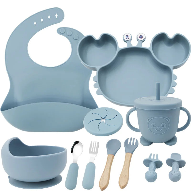 Light Blue 11-Piece Crab Silicone Bibs and Infant Feeding Set