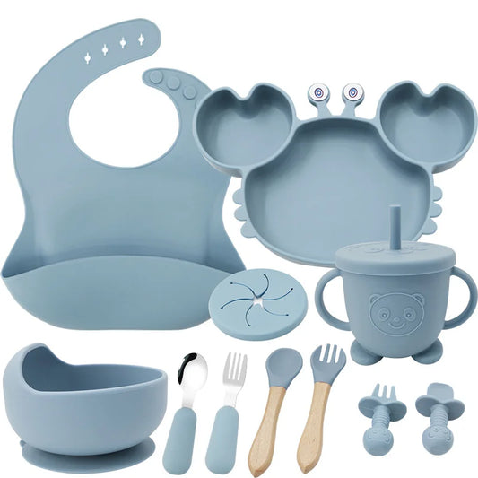 Light Blue 11-Piece Crab Silicone Bibs and Baby Feeding Set