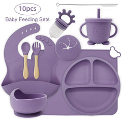 10-piece set with cup cover and fruit pacifier: Purple 10-Piece Silicone Bib and Infant Feeding Set