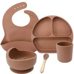 light brown 5-piece silicone bibs and feeding set