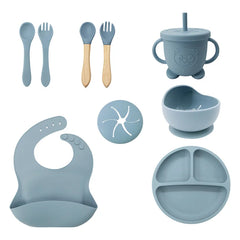 Light Blue 9-Piece Silicone Bibs and Children's Feeding Set