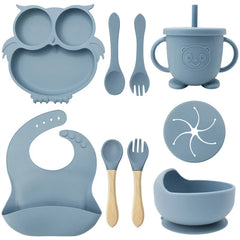 Light Blue 9-piece silicone bibs and self-feeding set