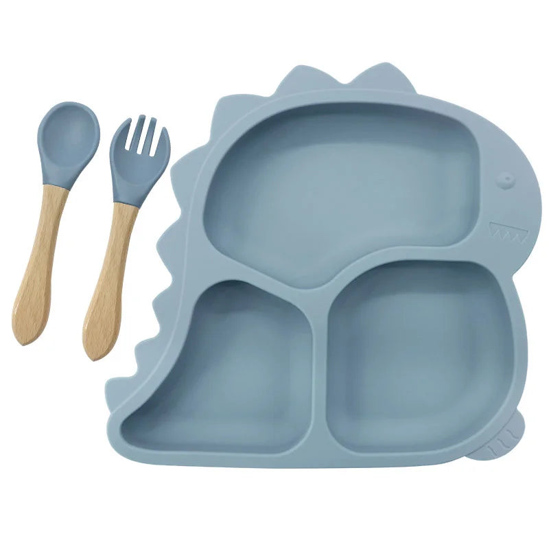 3 piece Light Blue Dino Silicone Feeding Set