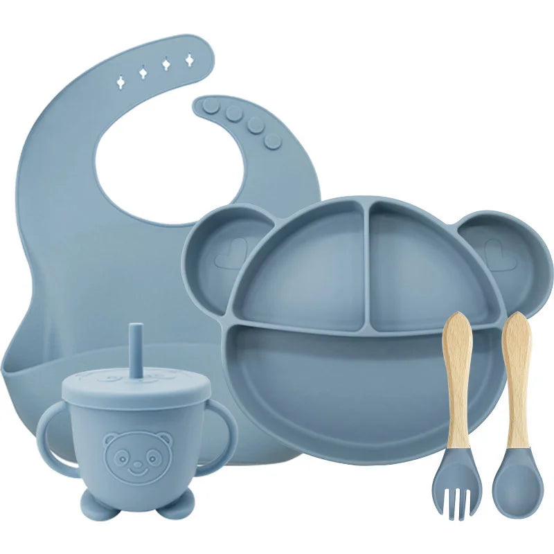 5-Piece Set Light Blue Mickey Mouse Silicone Bibs and Feeding Set