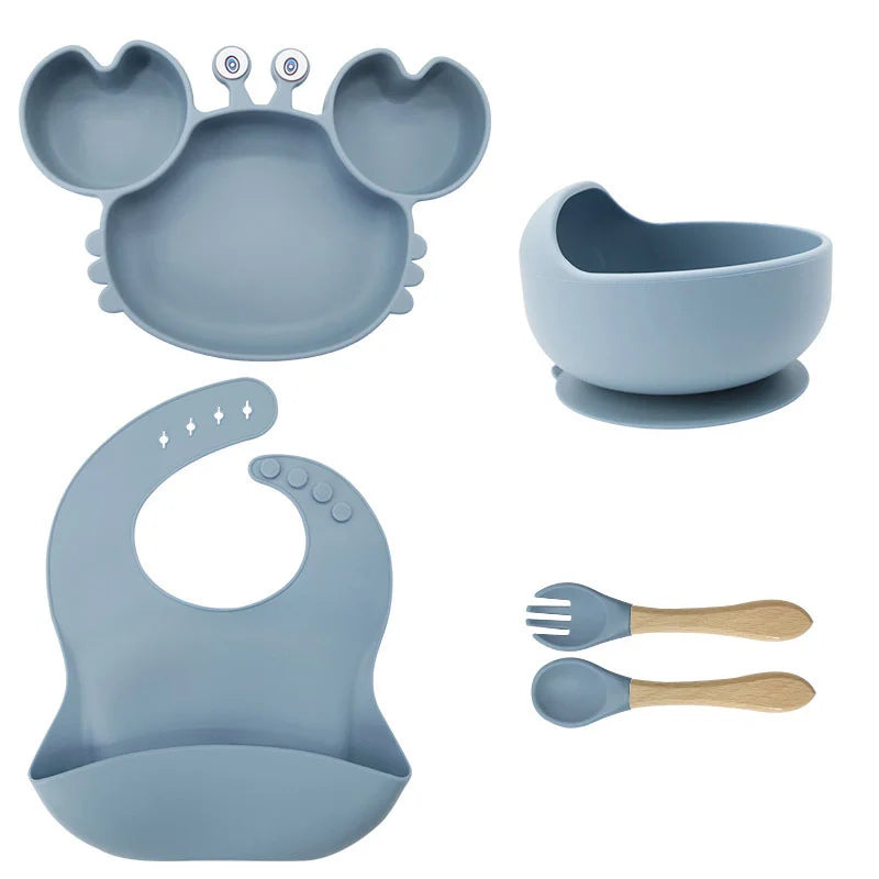 5-Piece Light Blue Crab-Shaped silicone bibs and Children's Feeding set