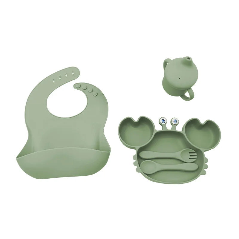 5-Piece Set With Silicone Spoon and Fork Green Crab Shaped Silicone Bib and Infant Dinner Set