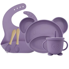 Purple Set with sip cup 5-piece Silicone Bibs and Baby Feeding Set