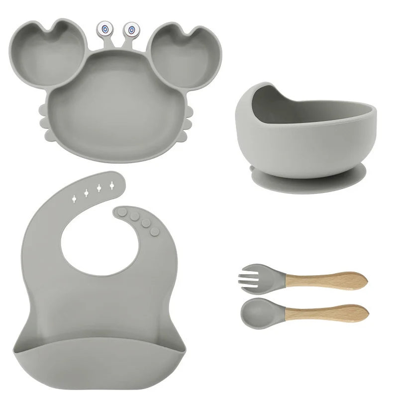 5-Piece Silver Crab-Shaped silicone bibs and Children's Feeding set