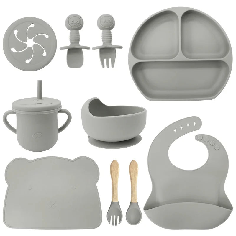 Silver 10-Piece Silicone Bibs and Bowl Set