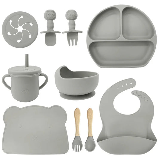 Silver 10-Piece Silicone Bibs and Bowl Set | Baby Utensils