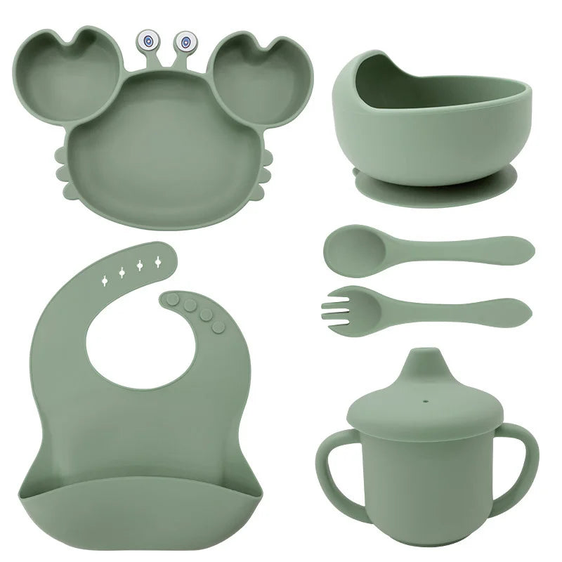 6-Piece Set With Silicone Spoon and Fork Green Crab Shaped Silicone Bib and Infant Dinner Set