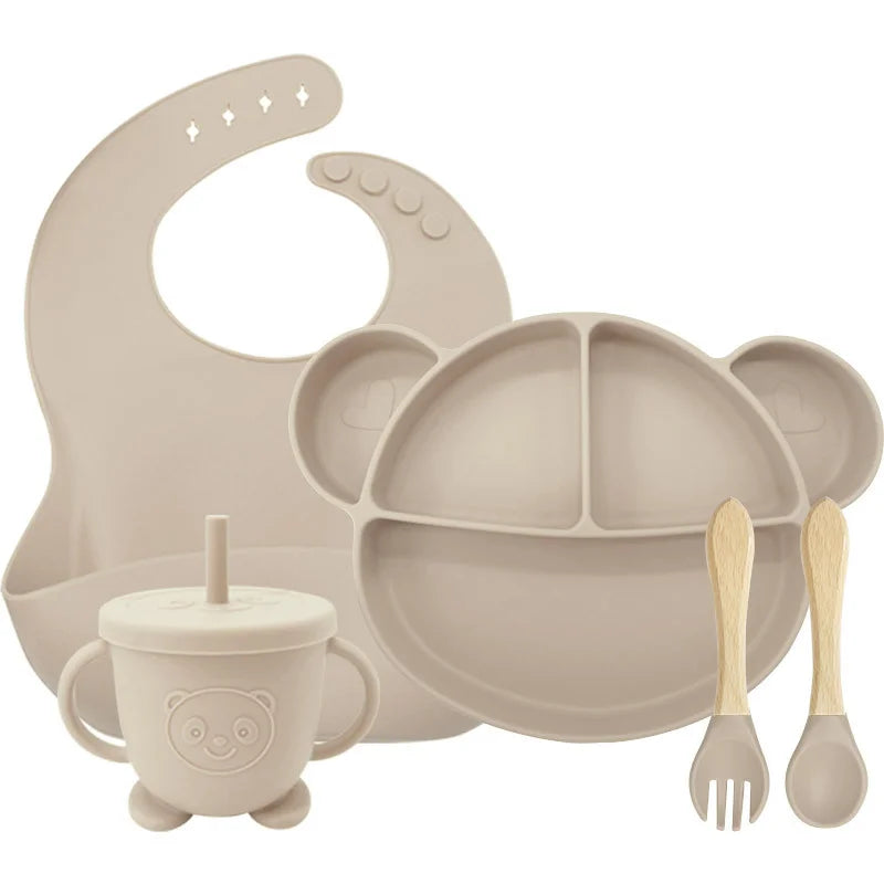 5-Piece Set Beige Mickey Mouse Silicone Bibs and Feeding Set