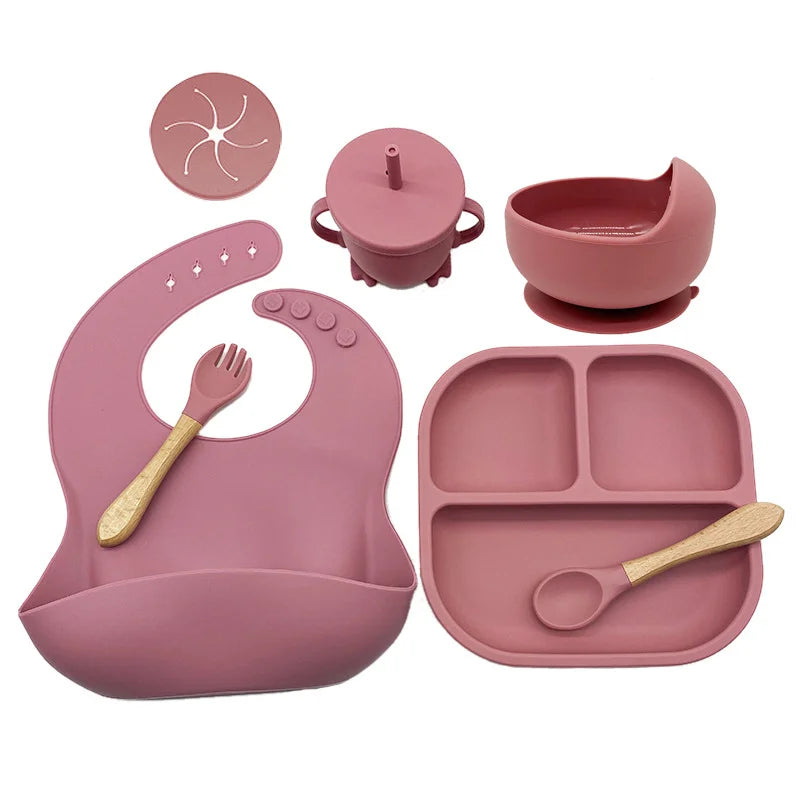 Dark pink 7-piece silicone bibs and feeding set