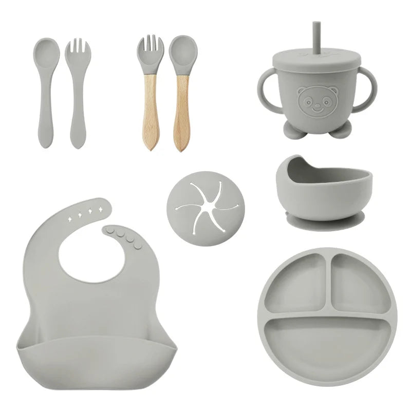 Silver 9-Piece Silicone Bibs and Children's Feeding Set