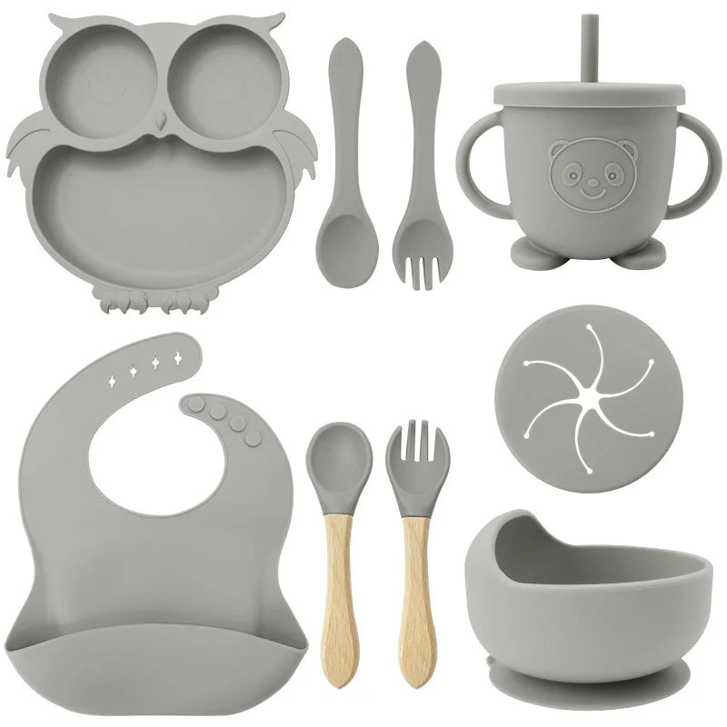 Silver 9-piece silicone bibs and self-feeding set