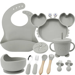 Silver 11-Piece Crab Silicone Bibs and Infant Feeding Set