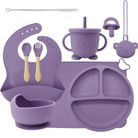 10-piece set with a pacifier and pacifier holder: Purple 10-Piece Silicone Bib and Infant Feeding Set