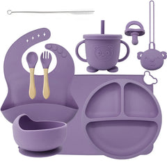 10-piece set with a pacifier and pacifier holder: Purple 10-Piece Silicone Bib and Infant Feeding Set