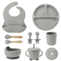 Silver 10-piece silicone bibs and feeding set for infants