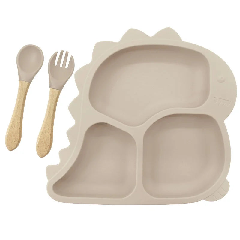 3 piece Beige Dino Silicone Feeding Set