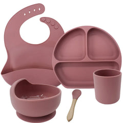 Dark pink 5-piece silicone bibs and feeding set