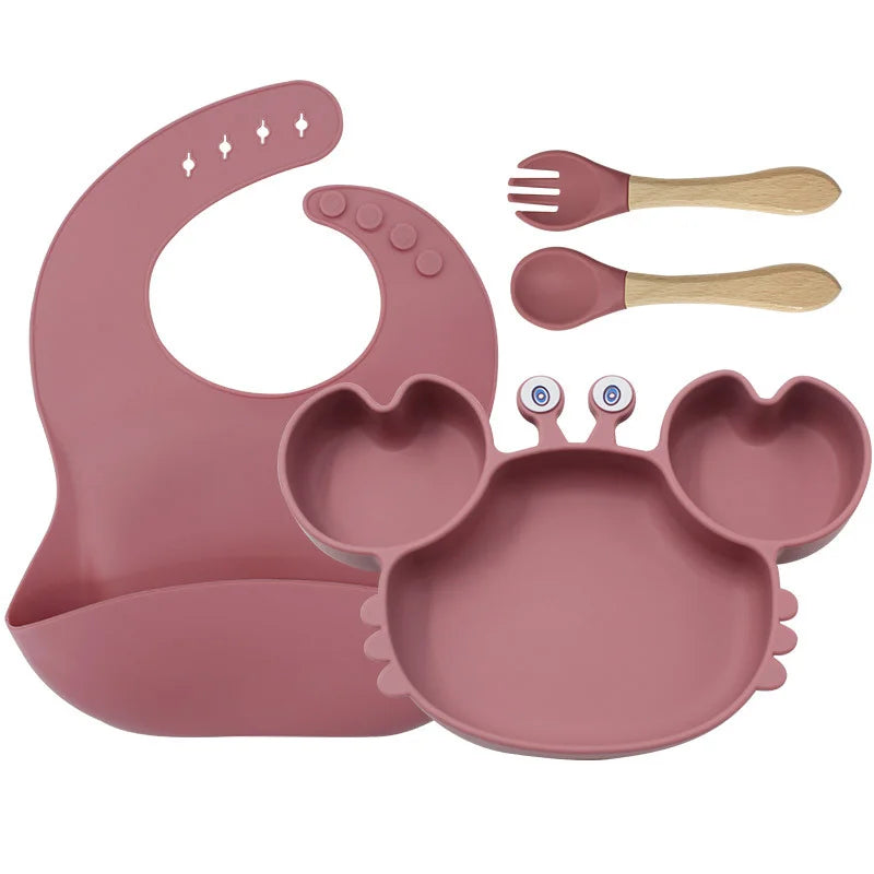 4-Piece Set With Wooden Spoon and Fork Dark pink Crab Shaped Silicone Bib and Infant Dinner Set