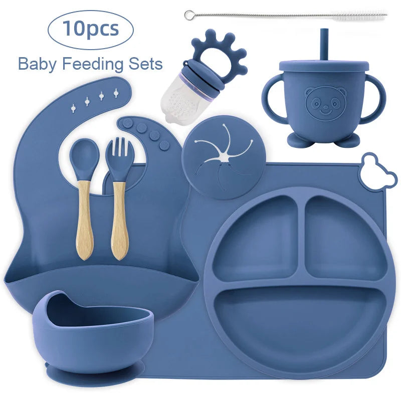 10-piece set with cup cover and fruit pacifier: Blue 10-Piece Silicone Bib and Infant Feeding Set