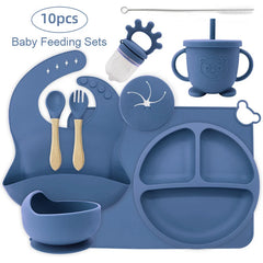 10-piece set with cup cover and fruit pacifier: Blue 10-Piece Silicone Bib and Infant Feeding Set