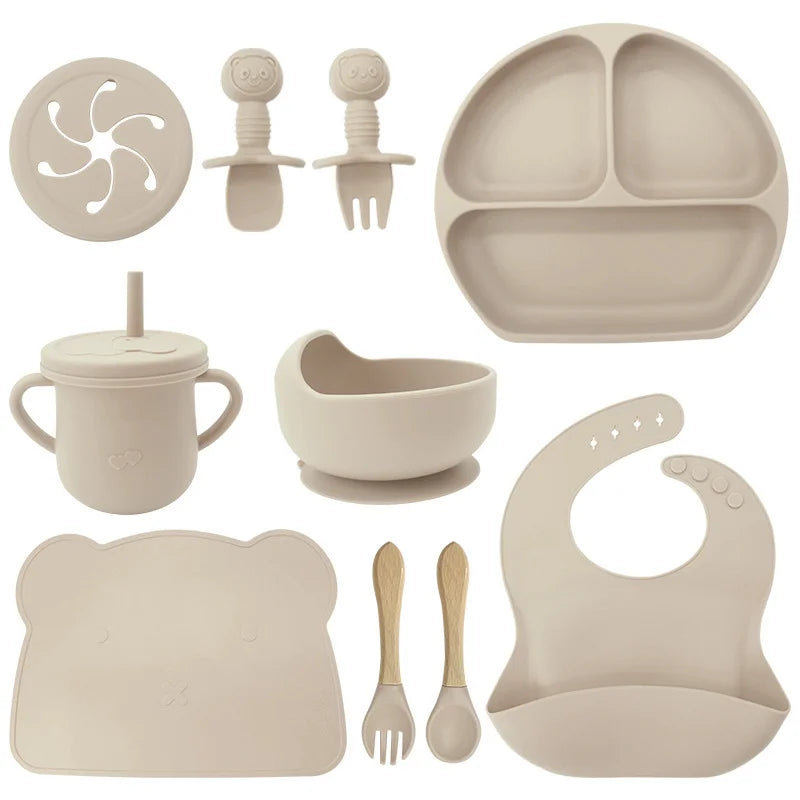 Beige 10-Piece Silicone Bibs and Bowl Set