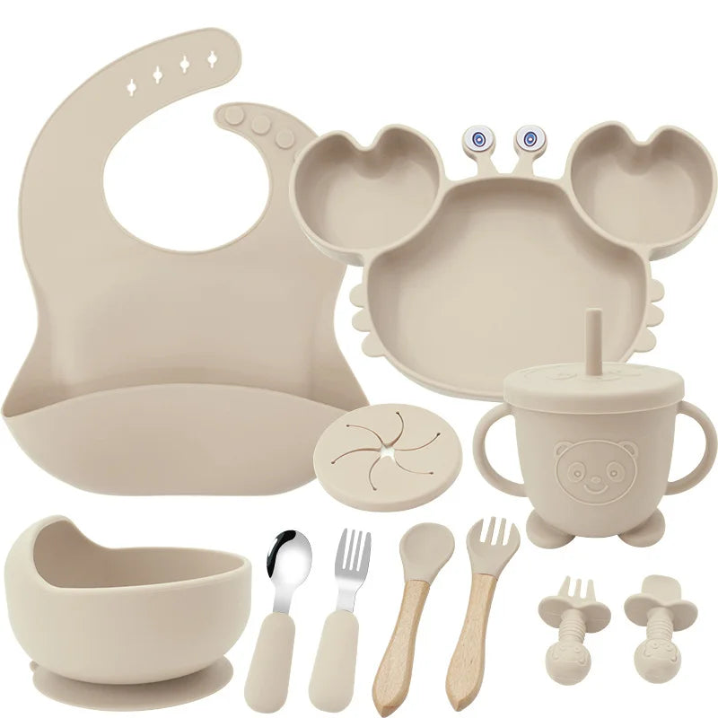 Beige 11-Piece Crab Silicone Bibs and Infant Feeding Set