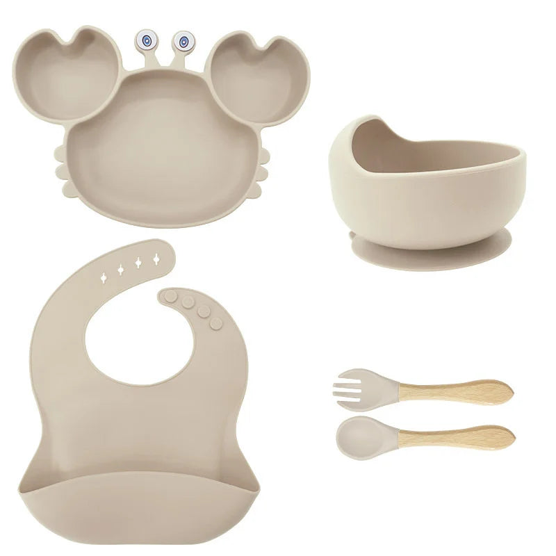 5-Piece Beige Crab-Shaped silicone bibs and Children's Feeding set