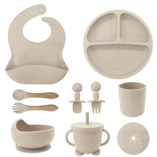 Beige 10-piece silicone bibs and feeding set for infants