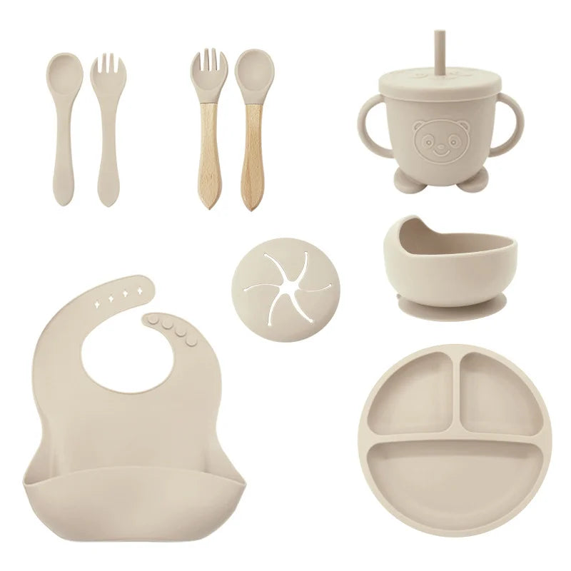 Beige 9-Piece Silicone Bibs and Children's Feeding Set