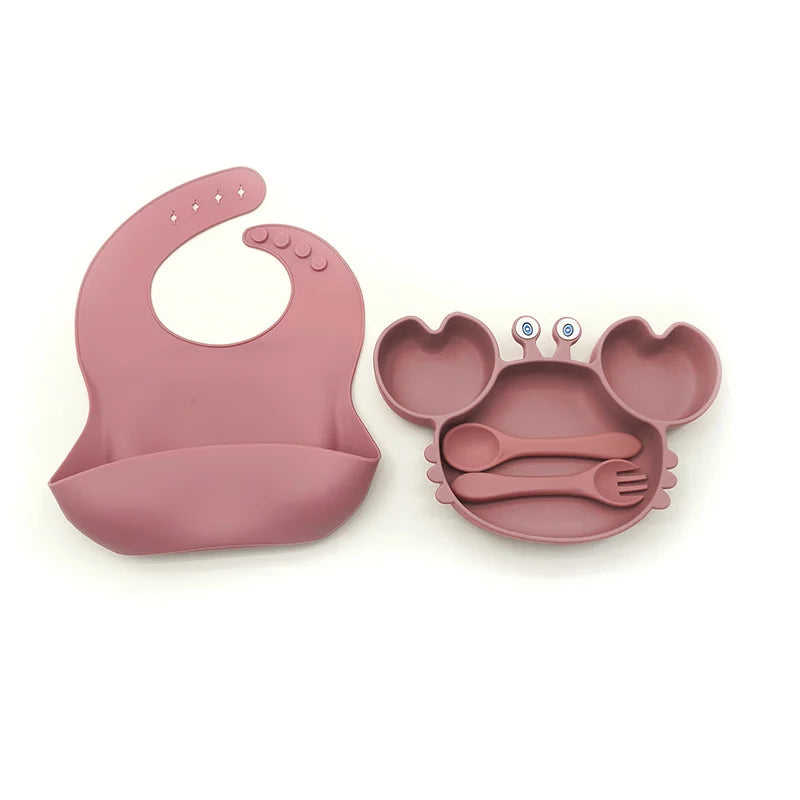 4-Piece Set With Silicone Spoon and Fork Dark pink Crab Shaped Silicone Bib and Infant Dinner Set